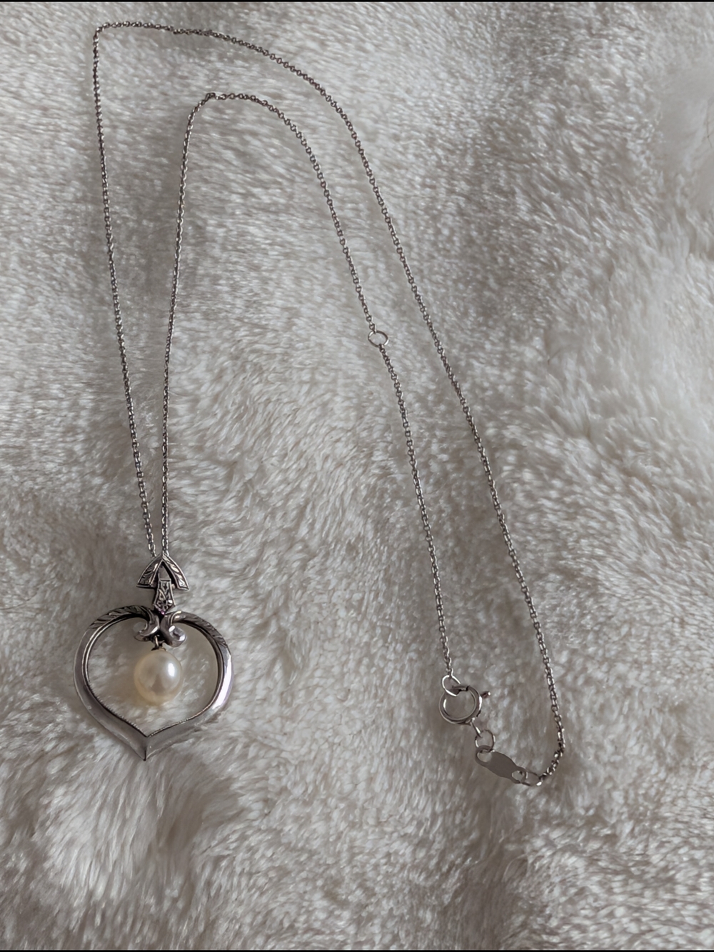 Sterling Silver Heart Pendant Necklace w/ Freshwater Pearl |20” Romantic Vintage - Picture 2 of 6